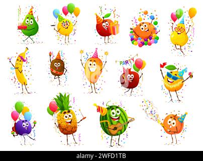 Comic fröhliche Fruchtfiguren zum Geburtstag. Guave, Zitrone, Apfel und Orange, Birne, Bananenfrüchte isolierte Vektor fröhliche Persönlichkeiten feiern Geburtstag mit Kuchen, Ballons Stock Vektor