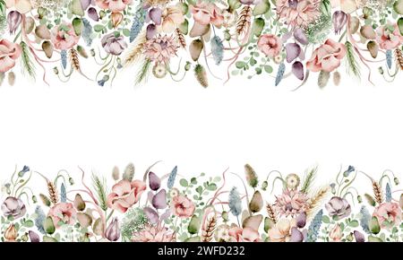 Aquarellhintergrund Wiesenblumen. Flora-Rahmen aus Wildblumen. Hochzeitsdesign mit Zeichnung. Stockfoto