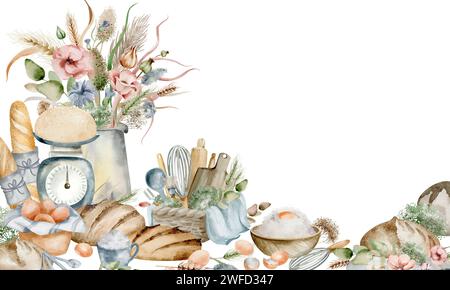 Küchenutensilien mit Aquarellrahmen. Produkte, Backen, Zutaten für die Zubereitung von selbstgemachtem Brot oder Lebensmitteln. Stockfoto