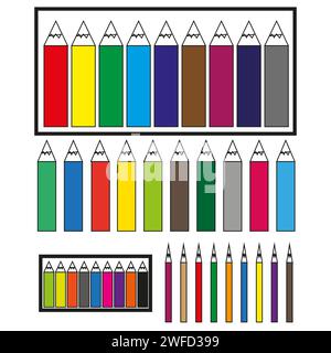 Zeichentricksets mit Bleistift. Farbige Kollektion. Farbenfroher Hintergrund. Vektorabbildung. Rohbild. EPS 10. Stock Vektor