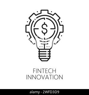 FinTech Innovation, Blockchain Technologie, Kryptowährung Startup Idee dünne Linie Symbol. Business Startup, Online Commerce und Finanzen Fintech lineares Vektorsymbol mit Zahnrad, Lampe und Dollarzeichen Stock Vektor