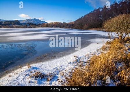 Ein gefrorener Loch Venachar am Black Water mit einem schneebedeckten Ben Venachar-Veranstaltungsort, Trossachs, Stirling, Schottland Stockfoto