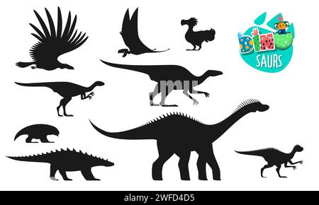 Dinosaurier, prähistorische Tiere Silhouetten. Ausgestorbene Eidechse, paläontologisches Reptil. Dicraeosaurus, Dimorphodon, Pegomastax und Gipsilofodon, Anatotitan, Dodo Dinosaurier Vektor Silhouette Stock Vektor