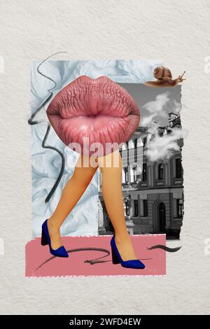 Composite Collage Bild von Walking Legs Lippen statt Body Travel Architektur seltsame Freak bizarr ungewöhnliche Fantasy Reklametafel Stockfoto