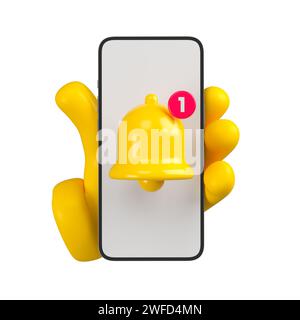 Emoji Hand hält Benachrichtigungsglocke auf weißem Bildschirm. Konzept der neuen Benachrichtigung für Social Media-Erinnerungen. 3D-Rendering. Stockfoto