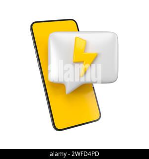 Weiße Blasenwolke mit Blitz auf gelbem Bildschirm. Nutzung von Smartphones in sozialen Medien, Channel- oder Blog-Marketing-Konzepten. 3D-Rendering. Stockfoto