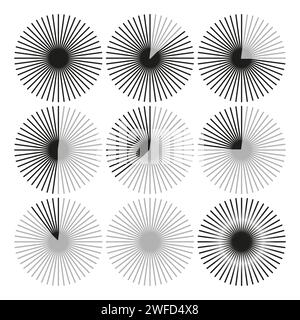 Schwarze Kreisstrahlen. Schwarzer Hintergrund. Abstrakte geometrische runde Form. Grafikelement. Vektorabbildung. EPS 10. Stock Vektor