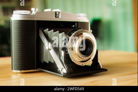 Eine analoge Spiegelreflexkamera im Vintage-Stil auf Holzhintergrund – 3D-Rendering Stockfoto