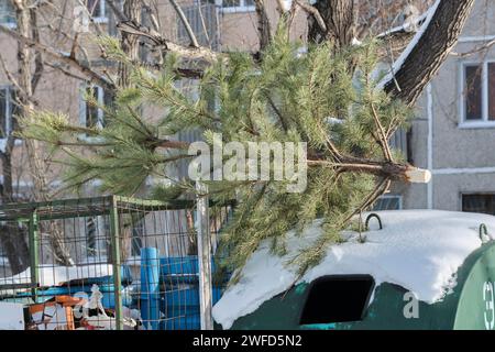 Nach dem Feiertag, entsorgte Weihnachtsbaumruine in der Nähe von Mülltonnen, sein festlicher Geist wird jetzt durch die ruhige Einsamkeit der schneebedeckten Umgebung ersetzt Stockfoto