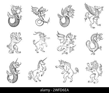 Mittelalterliche heraldische Tiere und Monster zeichnen, Vektorfantasy-Heraldik-Symbole. Fantastische Tiere, Adlerlöwe oder greif, Einhorn und Drache mit Adlerflügel oder Fischschwanz, wilder Löwe, Bär und Ziege Stock Vektor