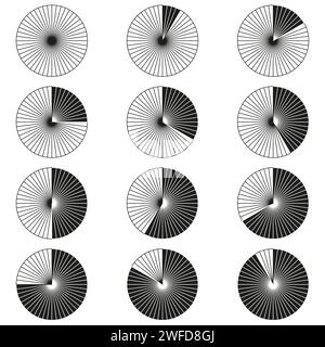 Schwarze Kreisstrahlen. Schwarzer Hintergrund. Abstrakte geometrische runde Form. Grafikelement. Vektorabbildung. Stock Vektor