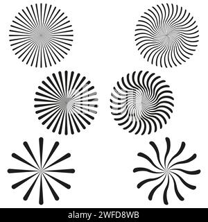 Schwarze Kreisstrahlen. Schwarzer Hintergrund. Abstrakte geometrische runde Form. Grafikelement. Vektorabbildung. EPS 10. Stock Vektor
