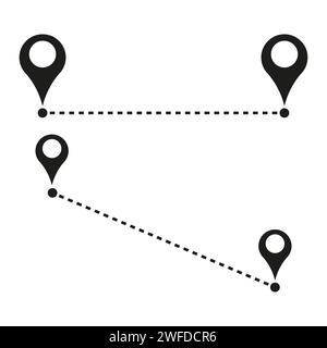 Symbol für die Routenposition, zwei Pin-Schilder und gepunktete Straßenlinie, Symbol für Start und Ende des Weges auf weißem Hintergrund. EPS 10. Vektorabbildung. Stock Vektor