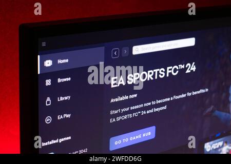 Dnipro, Ukraine, 02. oktober 2023: Nahaufnahme des EA FC 24-Logos in der EA Sports-Anwendung. EA-Anwendung ist eine Online-Gaming-Plattform. Stockfoto