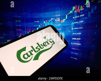 Konskie, Polen - 27. Januar 2024: Das Firmenlogo von Carlsberg wird auf dem Bildschirm des Mobiltelefons angezeigt Stockfoto