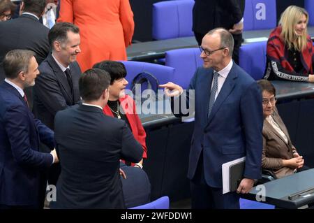 Christian Lindner, Christian Dürr, Christine Aschenberg-Dugnus und Friedrich Merz in der 149. Sitzung des Deutschen Bundestages im Reichstagsgebäude. Berlin, 30.01.2024 *** Christian Lindner, Christian Dürr, Christine Aschenberg Dugnus und Friedrich Merz auf der 149. Tagung des Deutschen Bundestages im Reichstagsgebäude Berlin, 30 01 2024 Foto:XF.xKernx/xFuturexImagex bundestagssitzung149 4103 Stockfoto