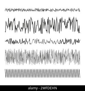 Abstrakte Zickzacklinien. Verschiedene Equalizer-Linien. Musikkarten. Vektorabbildung. EPS 10. Rohbild. Stock Vektor