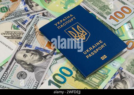 ukrainischer Pass und 100-Euro- und 100-Dollar-Banknoten Hintergrund. Stockfoto