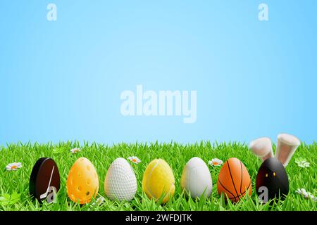 Frohe ostern. Sportbälle in Form eines Eies auf einer Wiese im Gras.3D-Rendering Stockfoto