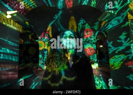 London, Großbritannien. 30. Januar 2024. Lebensinstallation in der St. Martin-in-the-Fields-Kirche. Das spektakuläre und farbenfrohe Lichterlebnis, das von dem Künstler Peter Walker und Luxmuralis produziert und präsentiert wurde, versetzt die Besucher in projizierte Lichtkunstwerke, die geschaffen wurden, um die natürliche Welt zum Leben zu erwecken und uns Zeit zu geben, über unsere Verantwortung nachzudenken, sie zu schützen. Guy Corbishley/Alamy Live News Stockfoto