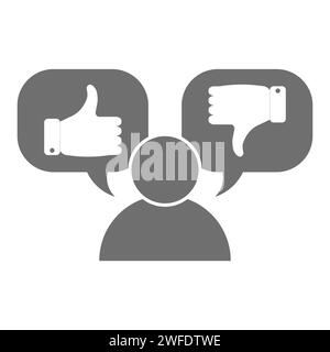 Mensch mit „gefällt mir“ und „nicht gefällt mir“ in Sprechblasen. Feedback-Symbol für soziale Netzwerke. Daumen nach oben und Daumen nach unten. Vektorabbildung. Eps 10. Rohbild. Stock Vektor