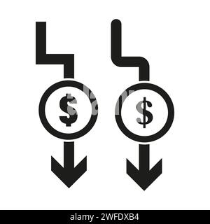 Symbol „Kostenreduzierung“. Symbol "Dollar verringern". Geldsymbol mit Pfeil. Symbol „Dollar-Down“. Vektorabbildung. EPS 10. Rohbild. Stock Vektor