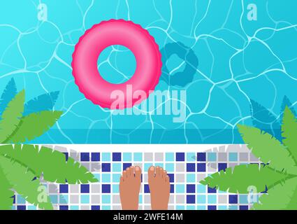 Vektorillustration eines Schwimmbades mit blauem Wasser, Draufsicht. Schwimmender aufblasbarer Ring. Stock Vektor