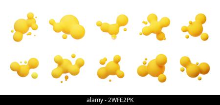 Gelbe 3D-Morphing-Kugeln. Flüssige Klumpen wie Lavalampen. Flüssige 3D-Metaballs. Bunte Vektor-Illustration für Karten, Poster, Werbung, Flyer. Isola Stock Vektor