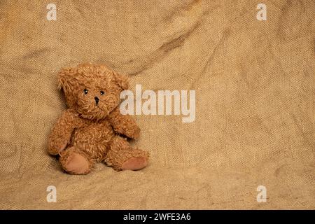 Ein brauner Teddybär sitzt auf einem braunen Tuch, einem Kinderspielzeug Stockfoto