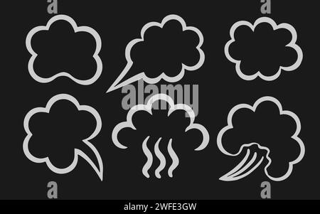 Skizzieren Sie Dampfwolken verschiedener Formen. Dampfdampf. Leere Sprechballons, Piktogramme. Realistische 3D-Vektordarstellung. Schwarzer Hintergrund. Stock Vektor
