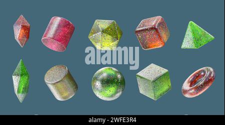 Crystal Candy Geometrieform Set isolierter Hintergrund 3D-Rendering ohne AI generiert Stockfoto