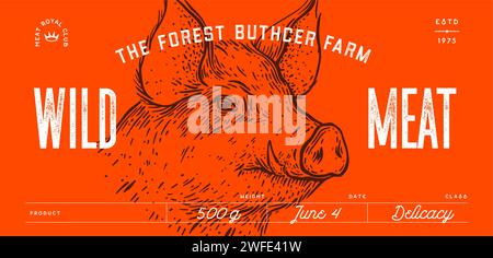 Etikett für Schweinefleisch, Schwein, Schwein, Kopf, Fleisch. Vorlage Für Etikett Mit Fleischkennzeichnung. Vintage-Druck, Tag, Etikett Pig Sketch Tinte Bleistiftzeichnung. Fleischerei Schweinekopf Fleischgeschäft, Text, Typografie. Vektorabbildung Stock Vektor
