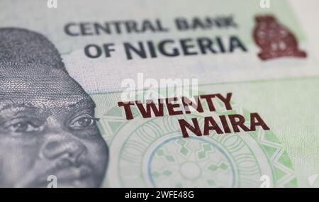 Nahaufnahme der alten historischen nigerianischen Zentralbank zwanzig Naira Stockfoto