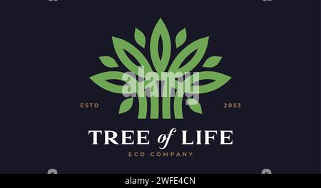 Baumetikett, Schild, Logo Eiche, Olive Eco Marke. Logo grünes Baumschablone Firmenzeichen, Bio-Öko-Heraldik-Symbol. Symbol für das Leben der Grafikvorlage, Logotyp für den Silhouettenbaum. Vektorabbildung Stock Vektor