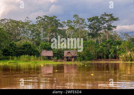 Holzhäuser im Dorf indiana bei Iquitos, Loreto, Peru, Südamerika. Das Departement Loreto, das größte in Peru, war seit einem bewohnt Stockfoto