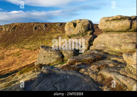 Wintersonnenuntergang von Ringing Roger auf Kinder Scout im Peak District National Park Stockfoto