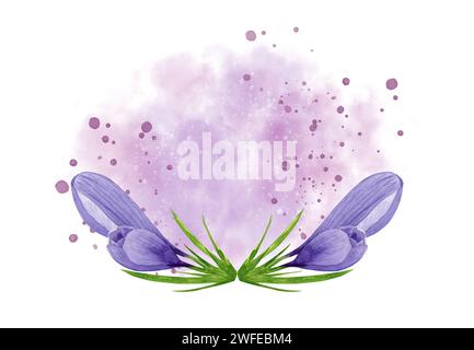 Aquarell lila Krokusse Halbrundkranz, Frühlingsblumen runder Rahmen handgemalte Blumenillustration Designelement für Etikett, Logo, Verpackung, Stockfoto