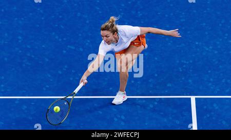 Jelena OSTAPENKO (LAT) gegen Simona HALEP (ROU) während ihres Halbfinalspiels im Singles im Rahmen der Dubai Duty Free Tennis Championships WTA 500 am 18. Februar 2022 in Dubai, Vereinigte Arabische Emirate. Foto von Victor Fraile / Power Sport Images Stockfoto