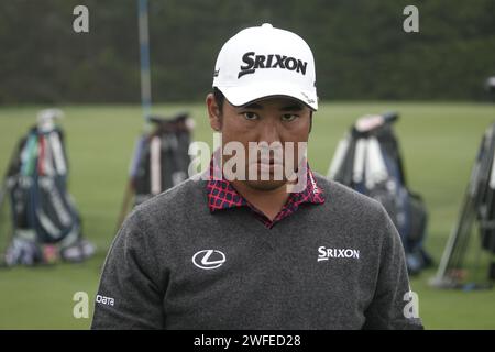 Pebble Beach, USA. 30. Januar 2024. Pebble Beach, Monterey, Kalifornien, USA - 30. Januar 2024 Hideki Matsuyama (Japan) übt Putting vor der zweiten „Signature“-Veranstaltung der USA PGA Tour Saison in den berühmten Pebble Beach Links. Quelle: Motofoto/Alamy Live News Stockfoto