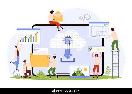 Data Cloud Storage Service. Winzige Leute, die Dokumente und Dateien zum Hochladen oder Herunterladen in ein digitales Netzwerksystem halten, Cloud-Symbol der Datenbankplattform auf Tablet-Bildschirm Cartoon-Vektor-Illustration Stock Vektor