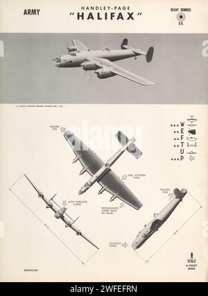 1942 Handley-Page Halifax Heavy Bomber RAF Flugzeugidentifikationsposter WW2. Der Halifax-Bomber war ein zweimotoriger Bomber, der 1940 bei der RAF in Dienst gestellt wurde. Stockfoto