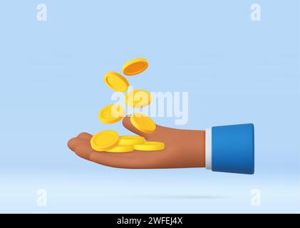 3D Hand mit Münzen fliegen. Stock Vektor
