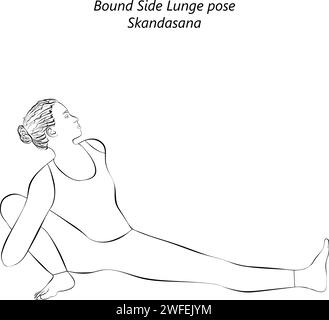 Skizze einer Frau, die Yoga-Skandasana macht. Seitliche Ausfallposition gebunden. Mittlere Schwierigkeit. Isolierte Vektordarstellung. Stock Vektor