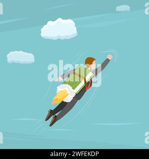 Wissen ist Freiheit Flachbild isometrische Vektor Konzept. Der Mensch ist Flying High mit einem Buch wie eine Rakete auf dem Rücken befestigt. Stock Vektor