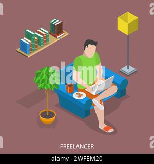 Freelancer Flachbild isometrische Vektor Konzept. Mann arbeitet ferngesteuert zu Hause sitzt in einem Sessel mit Tee und Plätzchen. Stock Vektor