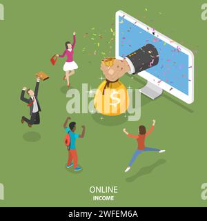 On-line-Einkommen Flachbild isometrische Vektor Konzept. Grosse Hand vom Monitor erschien und die Geldbeutel der Menschen erfreuen. Stock Vektor