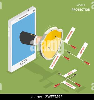 Mobiler Schutz Flachbild isometrische Vektor Konzept. Hand mit einem Schild erschien vom Smartphone aus fliegenden Pfeile mit den Untertiteln zu verteidigen. Stock Vektor