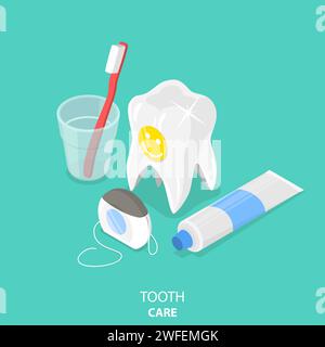 Zahnpflege Flachbild isometrische Vektor. Großer, weißer Zahn mit Smiley Aufkleber auf, Zahnbürste in der Glas-, Zahncreme und Zahnseide befinden sich tog Stock Vektor