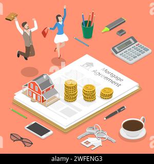 Hypothek Flachbild isometrische Vektor Konzept. Familie Paar ist vor Freude hüpfend in der Nähe der Hypothek Vereinbarung und einige entsprechende Attribute. Stock Vektor