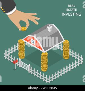 Immobilien investieren, Flachbild isometrische Vektor. Haus Dach steht auf den vier Stapeln von Münzen und eine Hand setzen und zusätzliche Münze auf eine der Stock Vektor